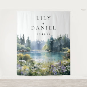 Forest Lakeside Wildflowers Wedding Photo Backdrop Tapestry