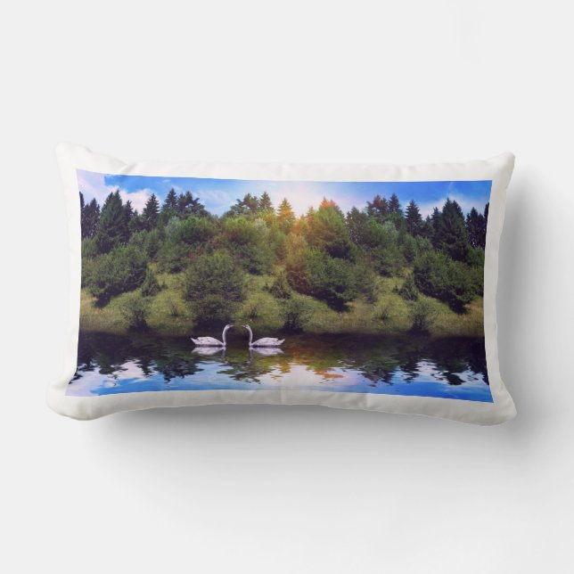 Forest landscape & river with Two Swans  Lumbar Cushion (Front)