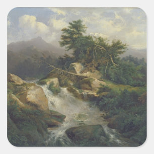 Forest Landscape with Waterfall Square Sticker