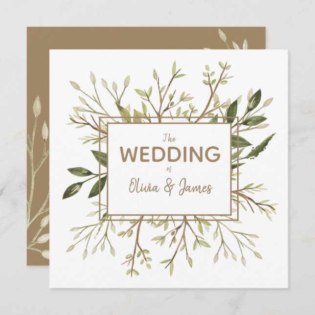 Forest Leaves - Green and Taupe Wedding Invitation (Front/Back)