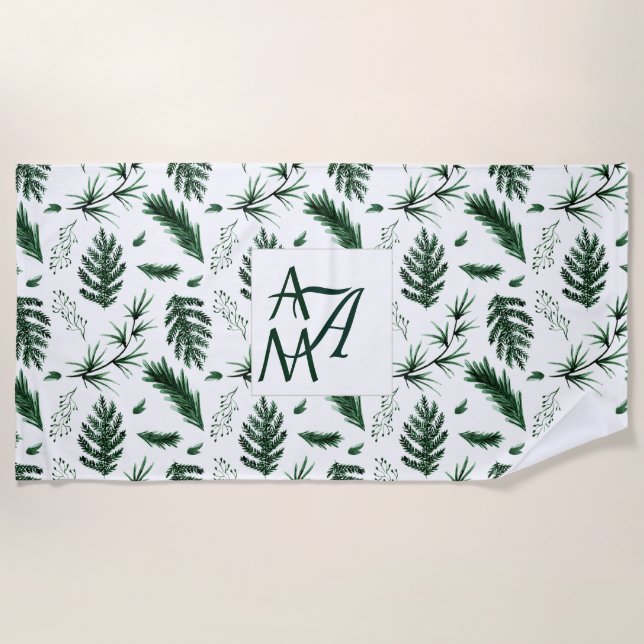 Forest Leaves Green Monogram 3 Initials Newlyweds Beach Towel (Front)