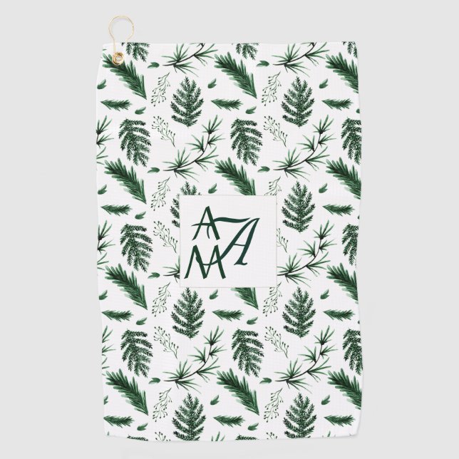 Forest Leaves Green Monogram 3 Initials Newlyweds Golf Towel (Front)
