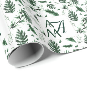 Forest Leaves Green Monogram 3 Initials Newlyweds Wrapping Paper