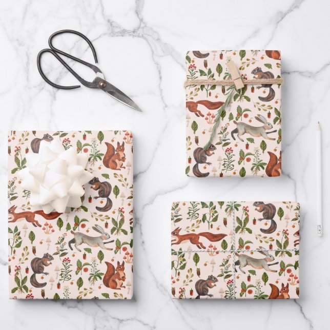 Forest Life Chipmunk Squirrel Acorns Rabbits Wrapping Paper Sheet (Front)