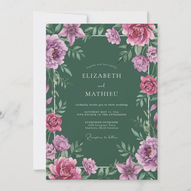 Forest Magenta Lily Wedding Invitation (Front)