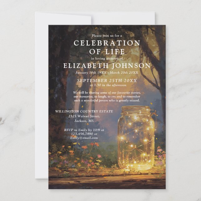 Forest Mason Jar Celebration Of Life Funeral Invitation (Front)