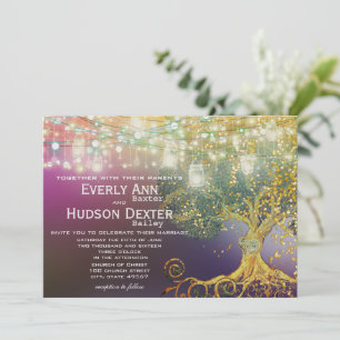 Forest Mason Jar Fairytale Purple and Gold Wedding Invitation