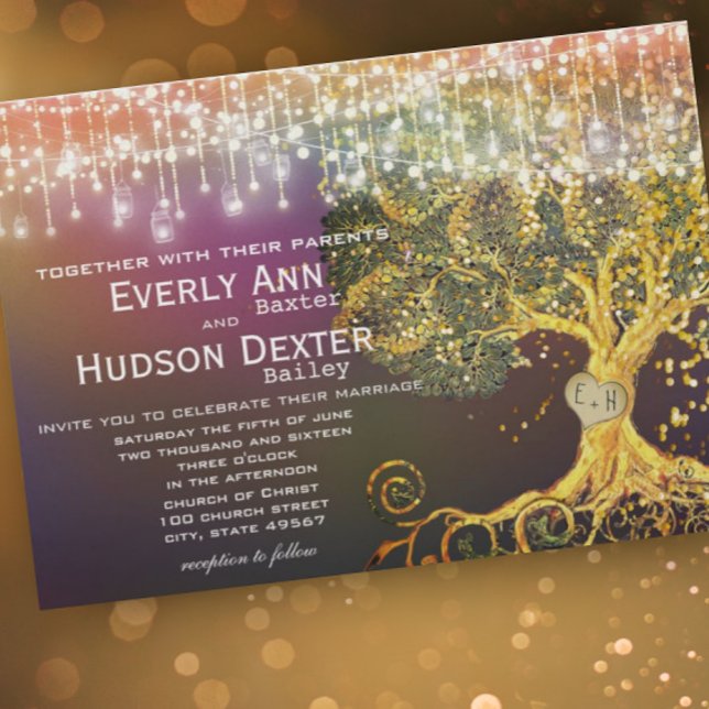 Forest Mason Jar Fairytale Purple and Gold Wedding Invitation (Creator Uploaded)
