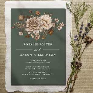 Forest Moss Green & Neutral Flowers   Boho Wedding Invitation