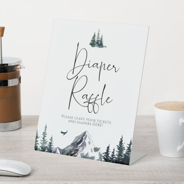 Forest Mountain Baby Shower Diaper Raffle Pedestal Sign (In SItu)