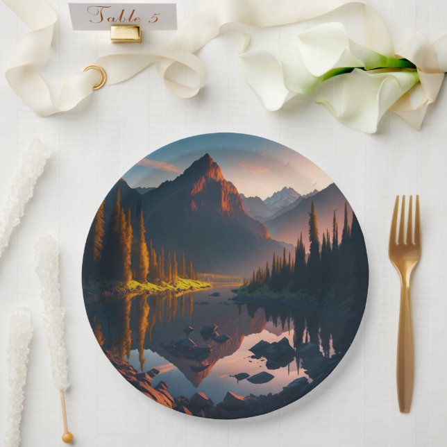 Forest Mountain Horizon With Sunrise Paper Plate (Wedding)