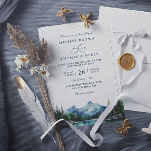 Forest Mountain Lake Rustic QR Code Wedding Invitation