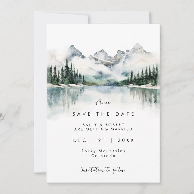 forest mountain lake winter save the date thank you card (Front)