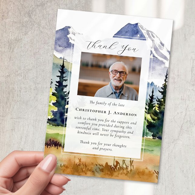 Forest Mountain Photo Sympathy Funeral Memorial Thank You Card (Creator Uploaded)