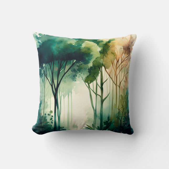 Forest Mountain River Watercolor Nature  Cushion (Front)