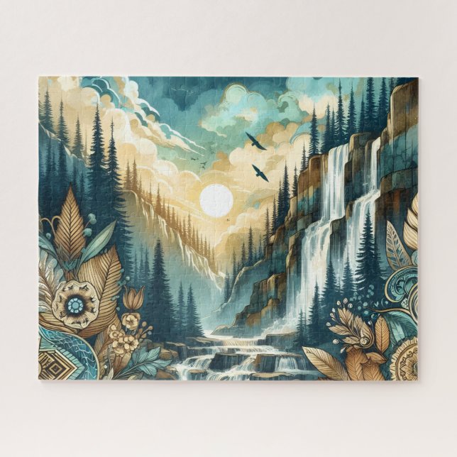 Forest Mountain Waterfall Boho Nature Pattern Jigsaw Puzzle (Horizontal)