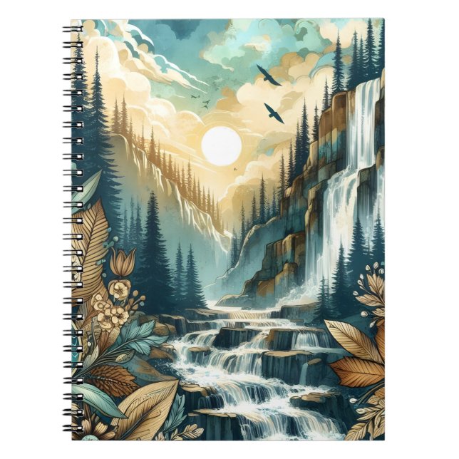 Forest Mountain Waterfall Boho Nature Pattern Notebook (Front)