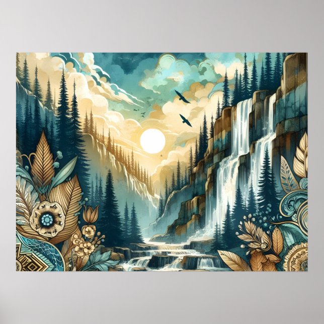 Forest Mountain Waterfall Boho Nature Pattern Poster (Front)