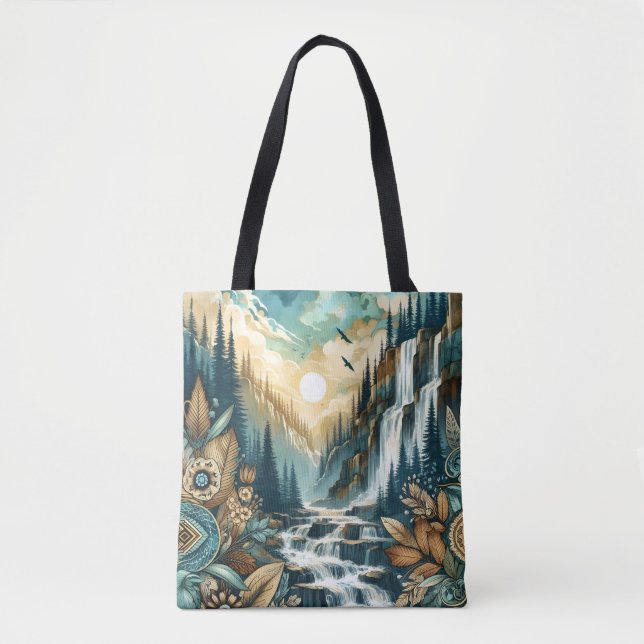 Forest Mountain Waterfall Boho Nature Pattern Tote Bag (Front)