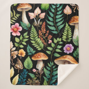 Forest Mushroom Fern Pattern Black Background Sherpa Blanket