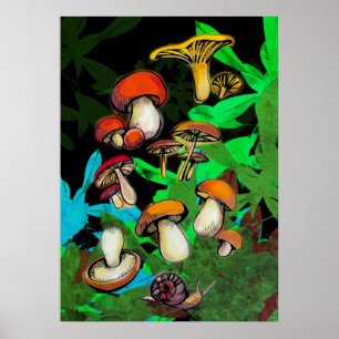 Forest mushrooms and a snail poster