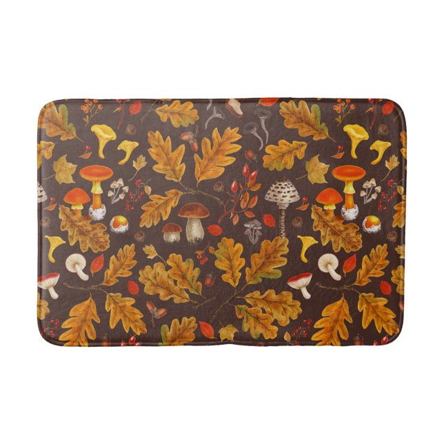 Forest mushrooms and autumn flora on brown bath mat (Front)