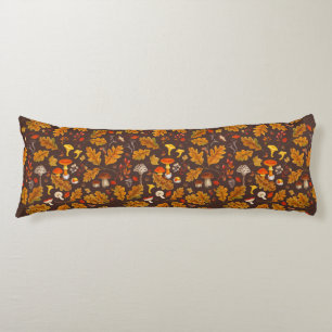 Forest mushrooms and autumn flora on brown body cushion