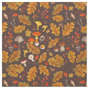 Forest mushrooms and autumn flora on brown fabric