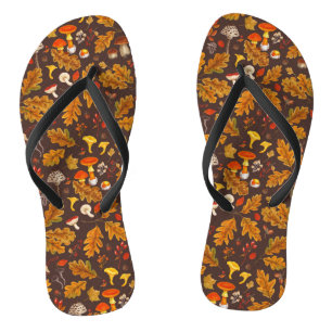 Forest mushrooms and autumn flora on brown jandals