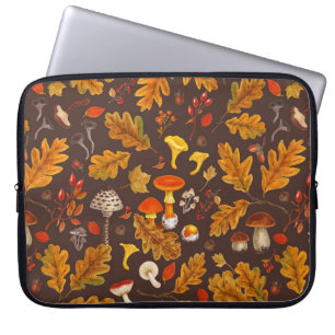 Forest mushrooms and autumn flora on brown laptop sleeve