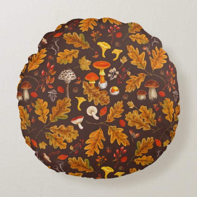 Forest mushrooms and autumn flora on brown round cushion (Front)