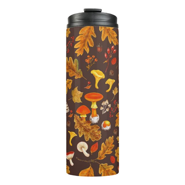 Forest mushrooms and autumn flora on brown thermal tumbler (Front)
