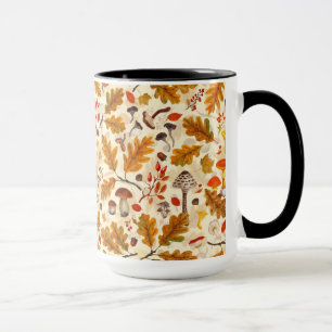 Forest mushrooms and autumn flora on cream mug