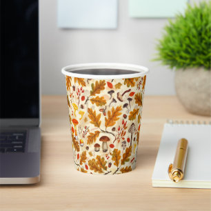 Forest mushrooms and autumn flora on cream paper cups
