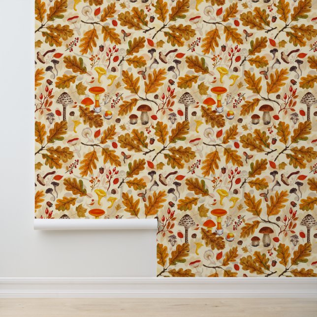 Forest mushrooms and autumn flora on cream wallpaper (Application)