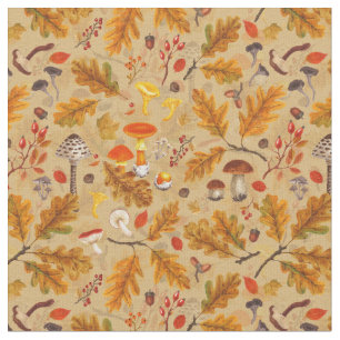 Forest mushrooms and autumn flora on ochre fabric