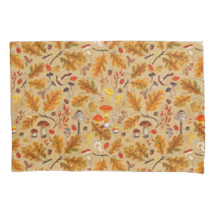 Forest mushrooms and autumn flora on ochre pillowcase