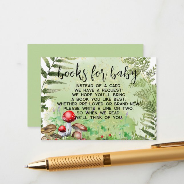 Forest Mushrooms Greenery Books for Baby Shower Enclosure Card (Front/Back In Situ)
