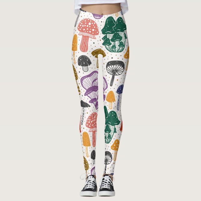 Forest Mushrooms Ink Vintage Texture Leggings (Front)