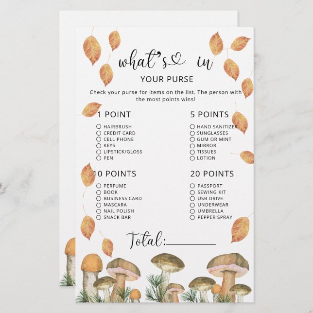 Forest mushrooms whats in your purse baby shower (Front/Back)