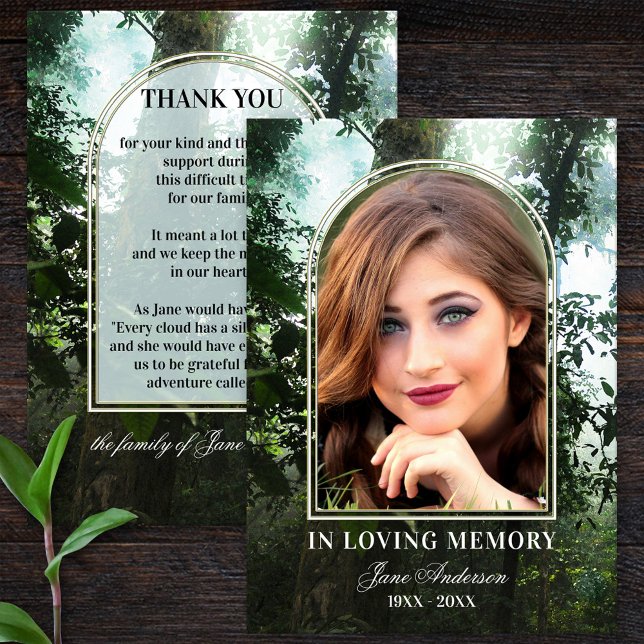 Forest Nature Photo Sympathy Thank You Cards (Funeral or memorial Thank You card featuring your custom photo framed by an image of a forest)