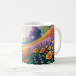 Forest nature with colourful herbs and flowers, coffee mug