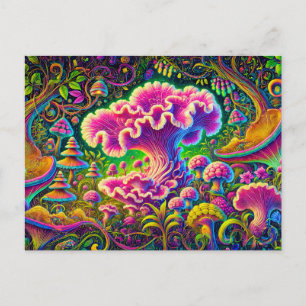 forest of magical mushrooms, glowing with vibrant  postcard