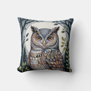 Forest Owl Mosaic Cozy Indigo Cushion