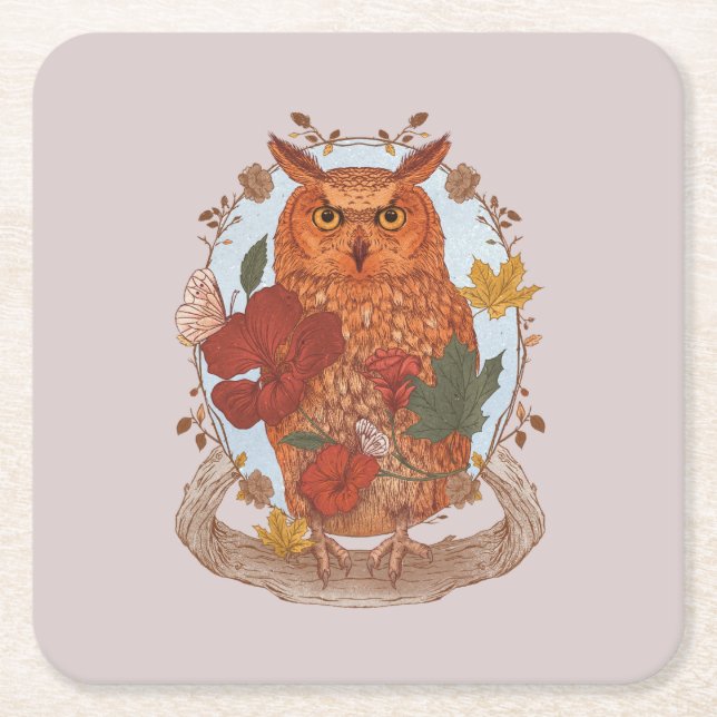 Forest Owl Square Paper Coaster (Front)