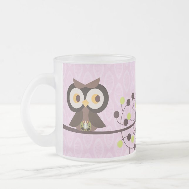 Forest Owl Woodland Frosted Glass Coffee Mug Cup (Left)