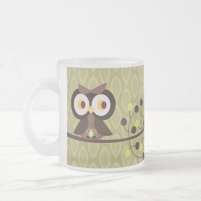 Forest Owl Woodland Frosted Glass Coffee Mug Cup (Left)