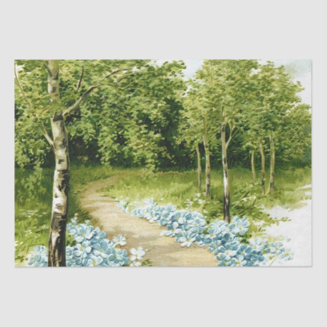 Forest Path Birch Trees Blue Flowers Decoupage Tissue Paper (Front)