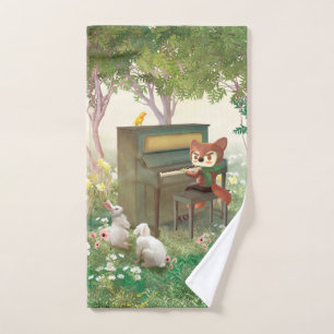 Forest Piano Concert: Iron T. Fox & Bunnies Art Hand Towel