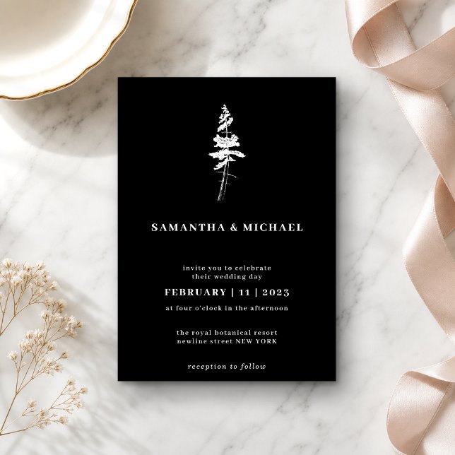 Forest Pine Tree Indie Rustic Black Invitation (Creator Uploaded)